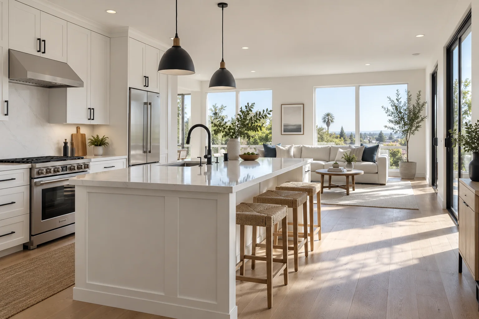 Bright kitchen and living space prepared for a fresh start